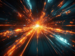 Dynamic explosion of bright orange and blue light streaks radiating outwards from a central glowing point in a futuristic digital environment
