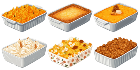 Six illustrated Thanksgiving casserole dishes with whipped and baked toppings