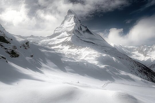 Majestic snow-covered mountain peak under a dramatic cloudy sky with wide snowy slopes and rugged terrain - Powered by Adobe
