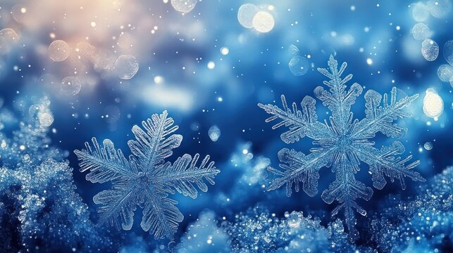 Close-up of two delicate and symmetrical ice snowflakes resting on sparkling icy surface with glowing soft blue and white bokeh lights in the background - Powered by Adobe