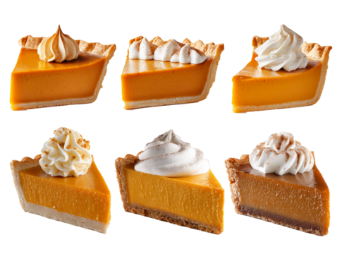 Six slices of pie with whipped toppings on black background