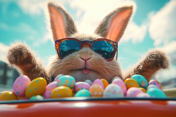close-up of a playful rabbit wearing sunglasses sticking out its tongue behind colorful speckled Easter eggs under a bright sky