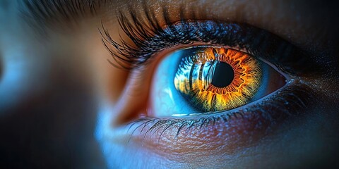 Extreme close-up of a human eye with vibrant blue and fiery orange iris colors showing detailed textures and reflections, evoking intensity and curiosity