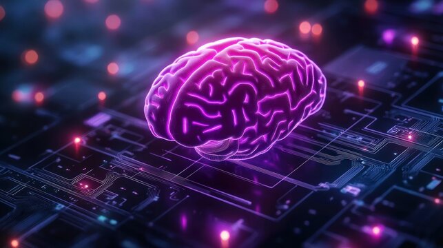 Glowing purple brain hologram floating above a futuristic electronic circuit board with illuminated nodes and lines