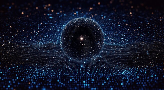 Glowing sphere composed of numerous tiny light points floating above a dynamic surface of scattered blue and orange lights, evoking futuristic and cosmic atmosphere
