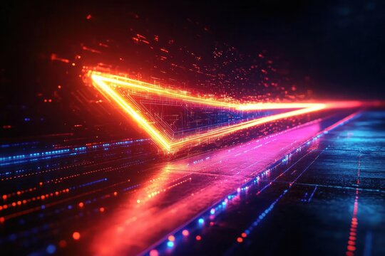 Futuristic glowing triangular neon light floating above a digital grid surface in a dark environment with vibrant colorful reflections and particle effects