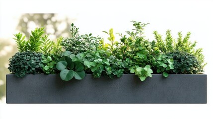 Fototapeta premium Rectangular modern planter filled with a variety of lush green plants and small shrubs against a bright background