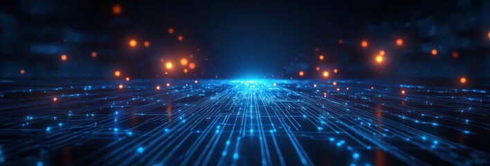 Futuristic digital circuit board with glowing blue pathways and bright orange light particles floating above, symbolizing advanced technology and data flow
