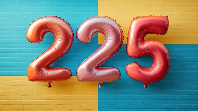Shiny metallic balloons shaped as numbers two two five against a colorful blue and yellow brick wall background, festive and celebratory atmosphere