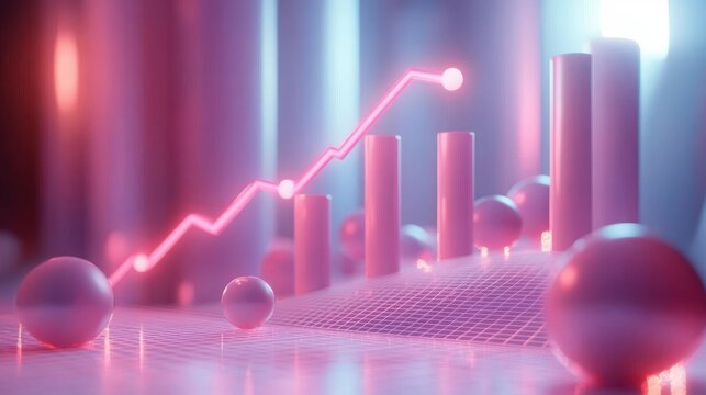 Abstract 3D digital graph with glowing line chart ascending over cylindrical bars and spherical shapes in a neon pink and blue environment