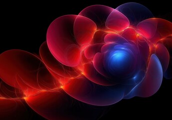 Abstract swirling pattern of translucent red and blue glowing petal-like shapes against a black background, evoking a sense of depth and motion