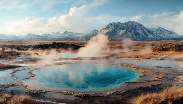Steaming turquoise geothermal hot spring surrounded by rocky and grassy terrain with snow-capped mountains and blue sky in the background - Powered by Adobe