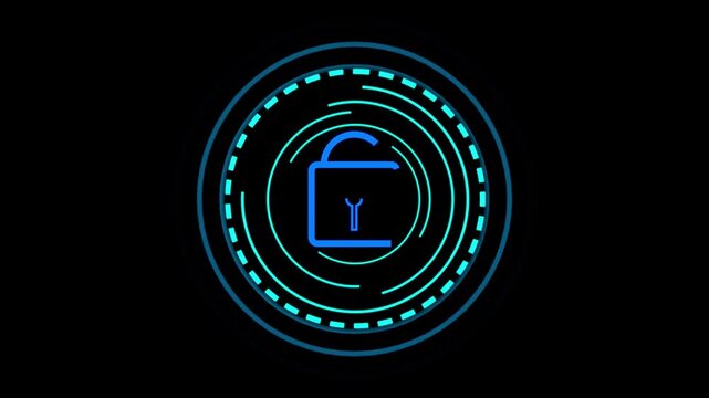 Blue Abstract Circular HUD Element with a Lock Symbol on Black Background circle. Sleek abstract HUD circle with glowing blue rings and lock symbol on black background.