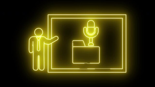Yellow neon outline man presentation board microphone folder