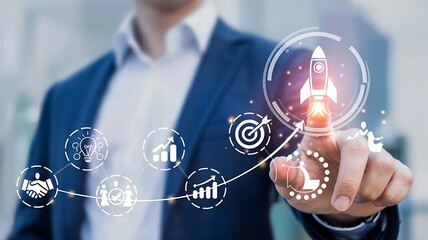 Businessman pressing virtual social network button on digital touchscreen interface