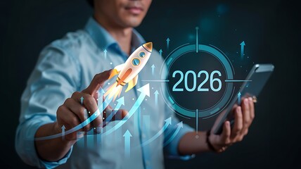 Businessman interacting with virtual touchscreen and world map interface