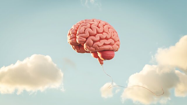 3D human brain shaped like hot air balloon floating in clouds