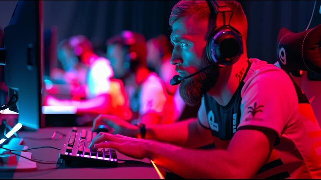 Intense Professional Gamer Wearing Headset in Neon Lit Room, Focused Esports Player Profile
