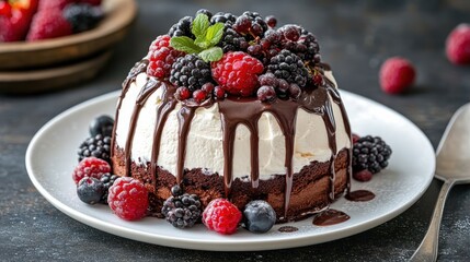 Chocolate and cream cake topped with fresh mixed berries and mint leaves on a white plate