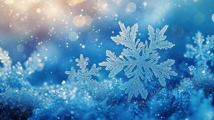 Close-up of delicate snowflakes resting on sparkling blue icy surface with soft bokeh light effects creating a serene winter atmosphere