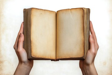 Close-up of hands holding an old open book with blank, aged, yellowed pages and worn edges against a soft, neutral background