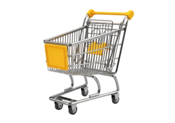 Shiny Chrome Retail Shopping Cart with Yellow Handle and Label Holder, 3D Render isolated on transparent background, Ideal for E-commerce and Consumerism Concepts