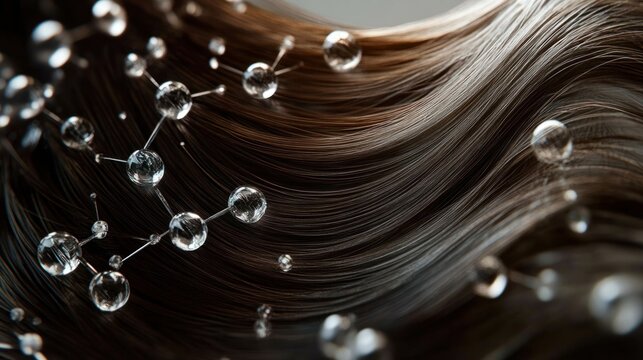 Close-up of flowing brown hair strands with transparent molecular structures floating above, evoking a sense of scientific beauty and complexity