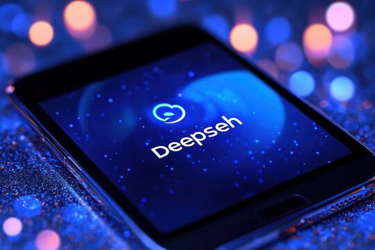 Close-up of a smartphone displaying a deep blue screen with a glowing circular logo and the word deepeh surrounded by blue and orange bokeh lights - Powered by Adobe