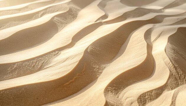Close up of rippled sand dunes with warm sunlight casting long shadows creating abstract natural patterns and textures in a desert landscape.