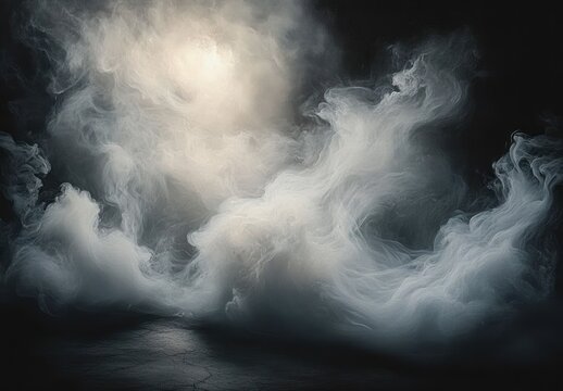 Thick white smoke or fog swirling dramatically over a dark cracked surface with a mysterious glowing light behind it creating an ethereal atmosphere