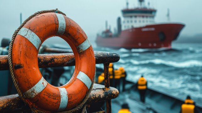 Close-up of a weathered orange lifebuoy on a boat railing with a blurred background showing people wearing life jackets and a large red ship on a choppy sea under cloudy sky