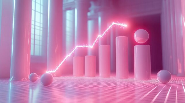 Glowing pink and blue futuristic bar graph with rising spark line in a large hall with tall pillars and reflective grid floor