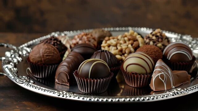 A close-up, high-angle shot of an assortment of decadent chocolates arranged on an ornate silver platter.