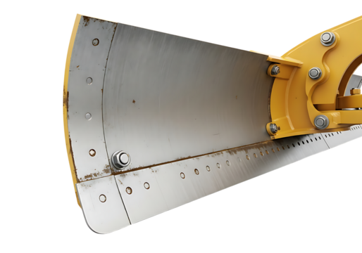 Closeup of a metal bulldozer blade edge with bolts, isolated on transparent background