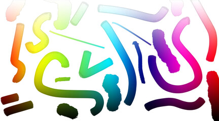 Diverse multicolored brush stroke shapes and lines scattered across a black background, evoking artistic creativity and abstract expression.