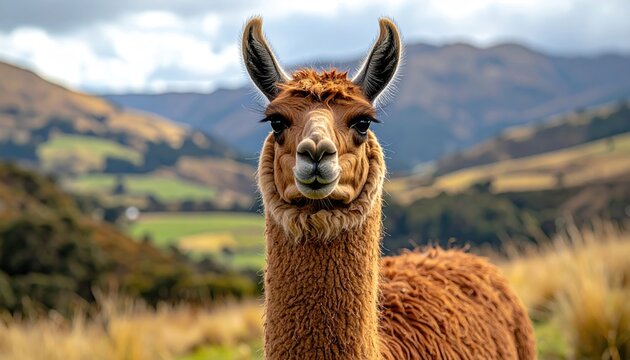 Close Up Portrait Of A Brown Llama Standing In A Grassy Field With Rolling Hills In The Background On A Cloudy Day - Powered by Adobe