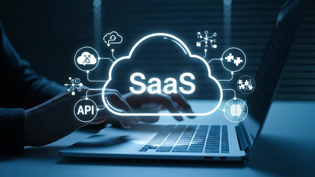 Software as a Service Concept on a Laptop with Cloud Computing Connection