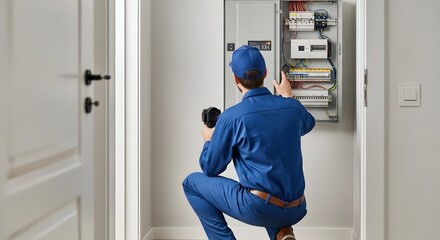 Professional Electrician in Blue Uniform Inspecting and Repairing Residential Electrical Panel on White Wall