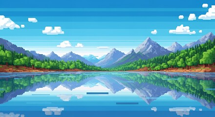 Pixel Art Scenic Mountain Lake Landscape with Green Forest and Blue Sky