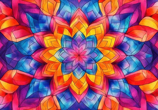 vibrant symmetrical mandala with layered petals in bright shades of orange, red, purple, blue, and pink creating a radiant and energetic floral pattern