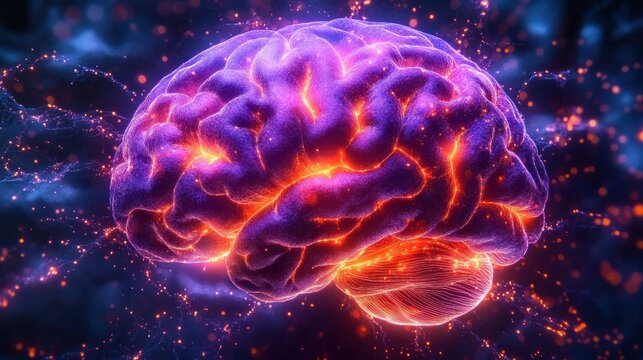 Glowing and vibrant human brain with illuminated neural pathways and electric sparks in a dark, abstract background