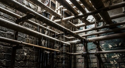 Grungy industrial pipes with dripping moisture against a decaying brick wall in a dark, abandoned basement. Complex network of corroded plumbing an...