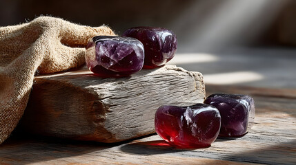 Close-Up of Purple Crystals on Wooden Surface with Warm Lighting