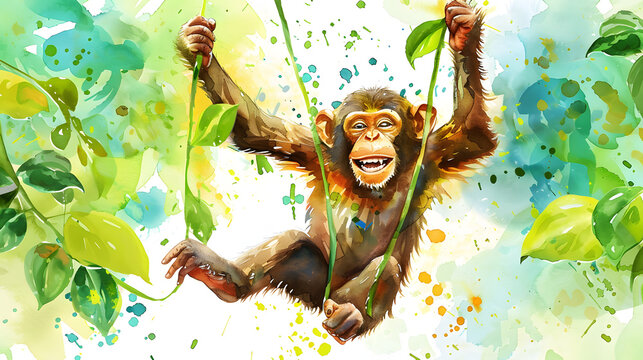 Watercolor Painting Of A playful monkey swinging