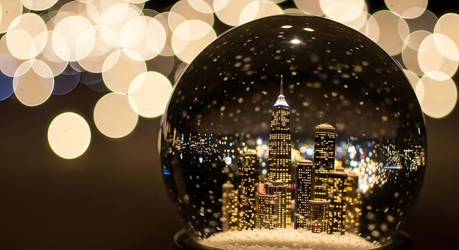 A festive snow globe containing a miniature city skyline with falling snow against a background of warm bokeh lights.