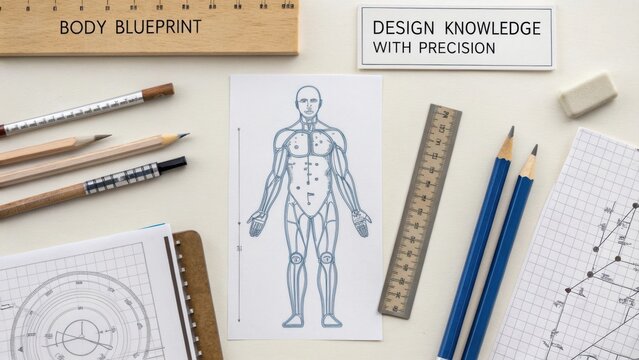 Body blueprint and design tools on a workspace, showcasing precision knowledge in anatomy and engineering drawings