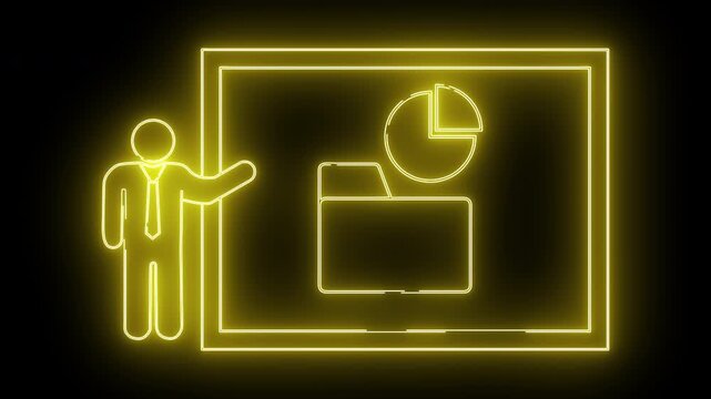 Yellow neon outline of a stick figure presenting a folder  pie chart on a screen against a black background