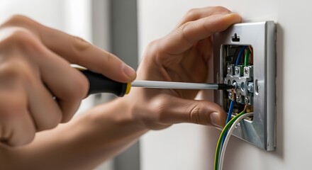 Close-up of an electrician's hands using a screwdriver to connect wires to a wall-mounted electrical socket or switch, highlighting home renovation...
