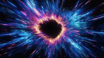 Abstract depiction of a vibrant cosmic explosion with radiant blue and purple light streaks emanating from a dark central void, creating a dynamic and energetic space scene