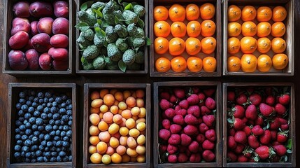 Top view of neatly arranged fresh fruits including plums, green berries, mandarins, blueberries, apricots, and strawberries in wooden boxes showcasing vibrant colors and textures
